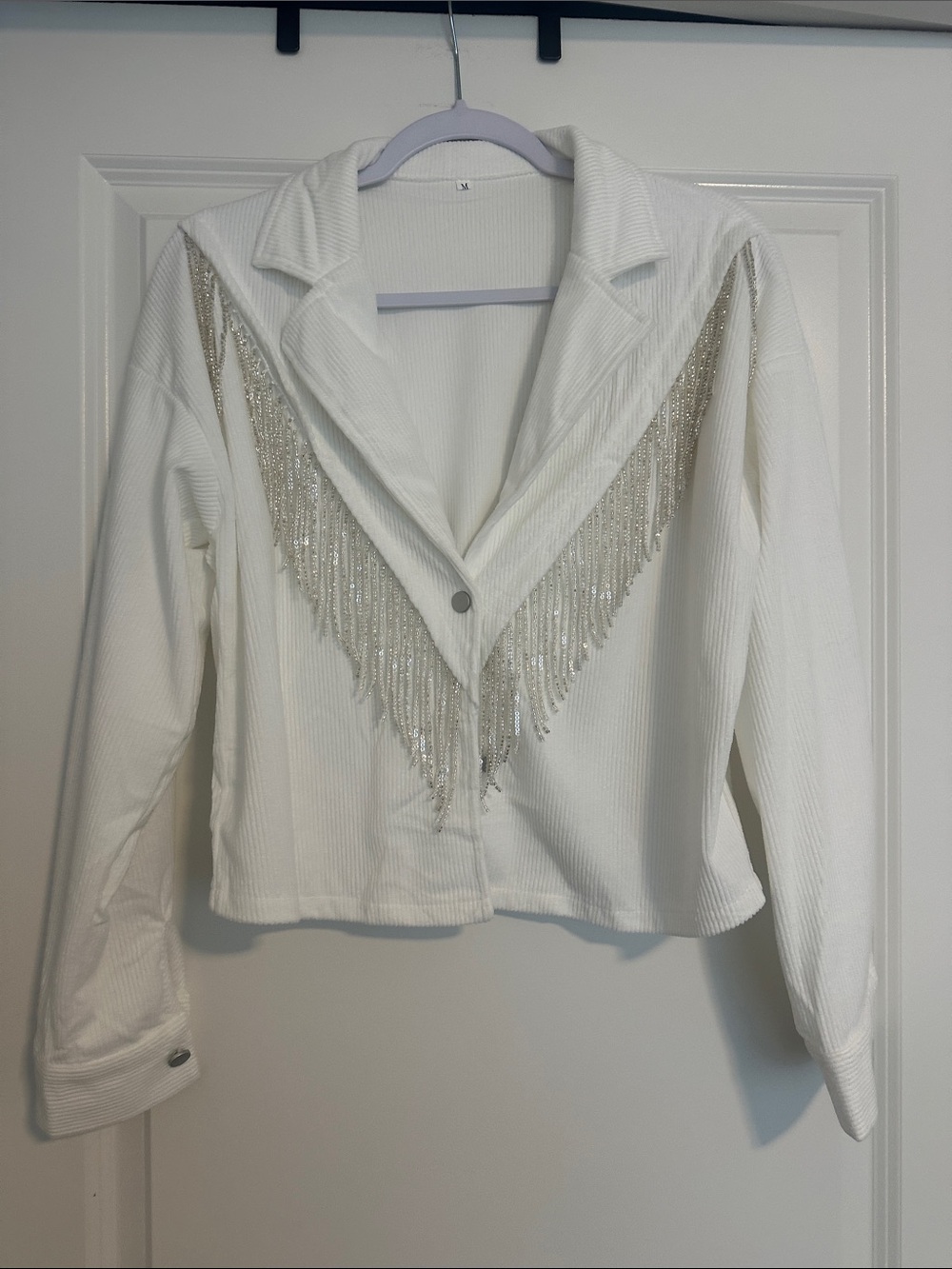 Amazon White Fringe-Trimmed Women's Blazer Jacket